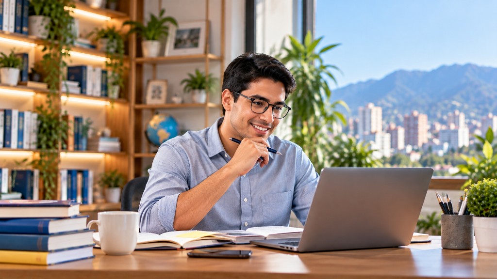 Estudiante organizando su aprendizaje con laptop en un espacio de estudio